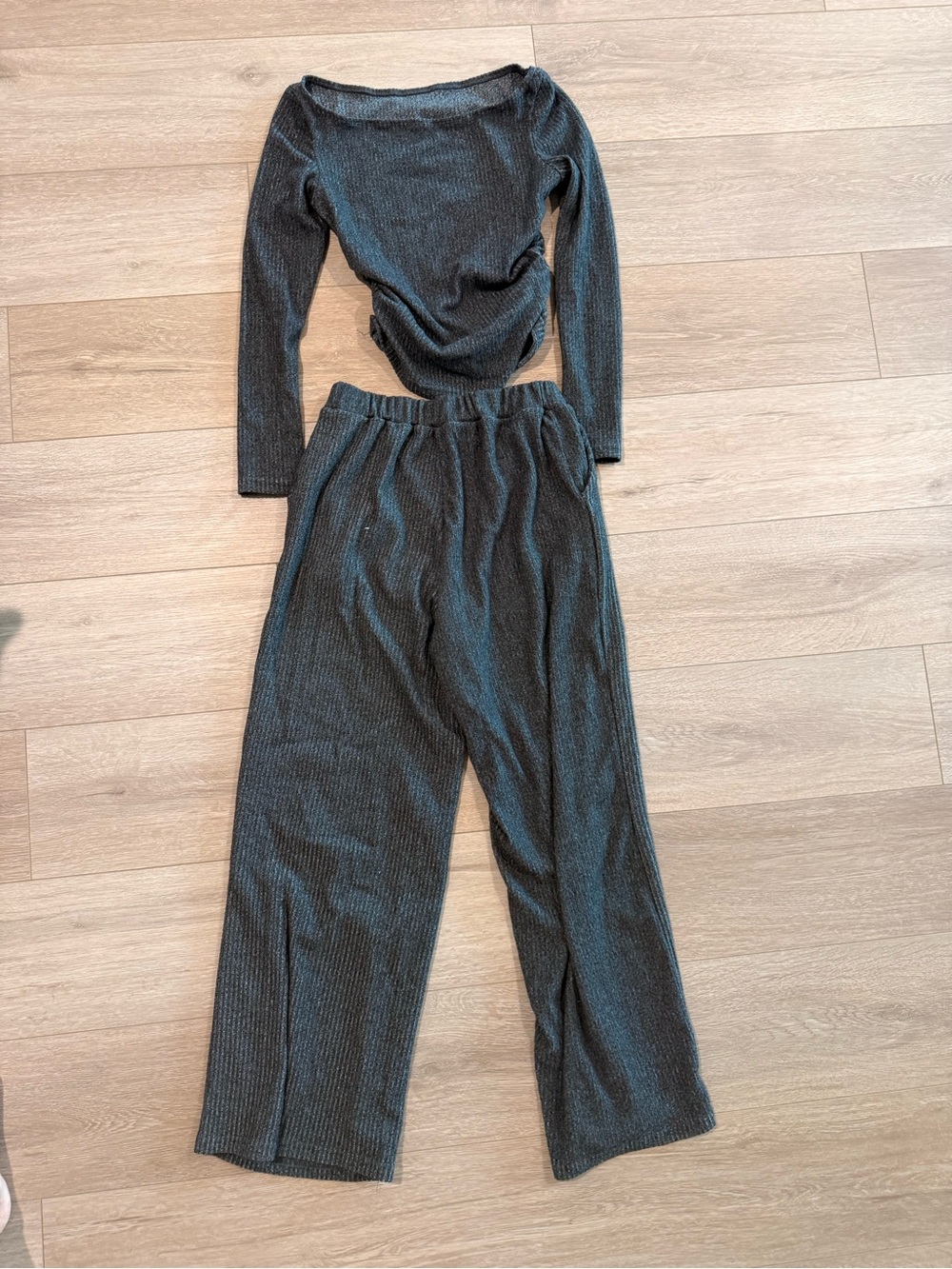 Ribbed Knit Wide-Leg Pants - Charcoal